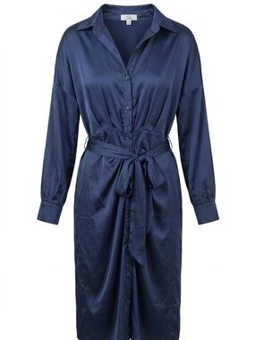 Navy Satin Maxi Shirt Dress with Self Tie Waist